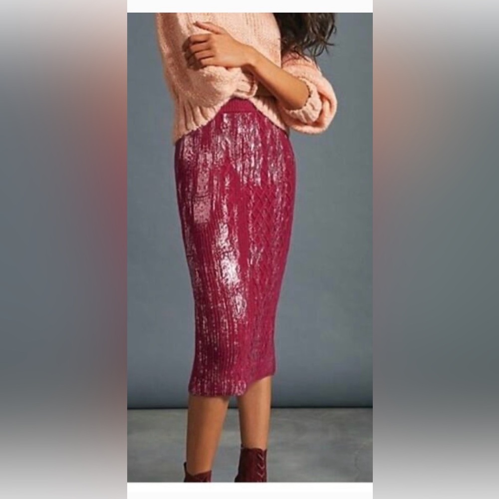 Anthropologie Metallic Pencil Sweater Skirt Fuschia